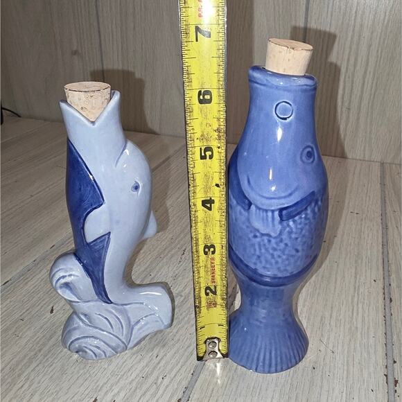 Vtg Fish Potion Bottles Vases Ceramic Pottery Shelf Sitters Decanters Blue - Picture 6 of 6